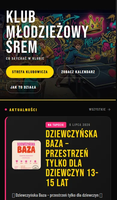 Strona startowa aplikacji Klubu Młodzieżowego Śrem